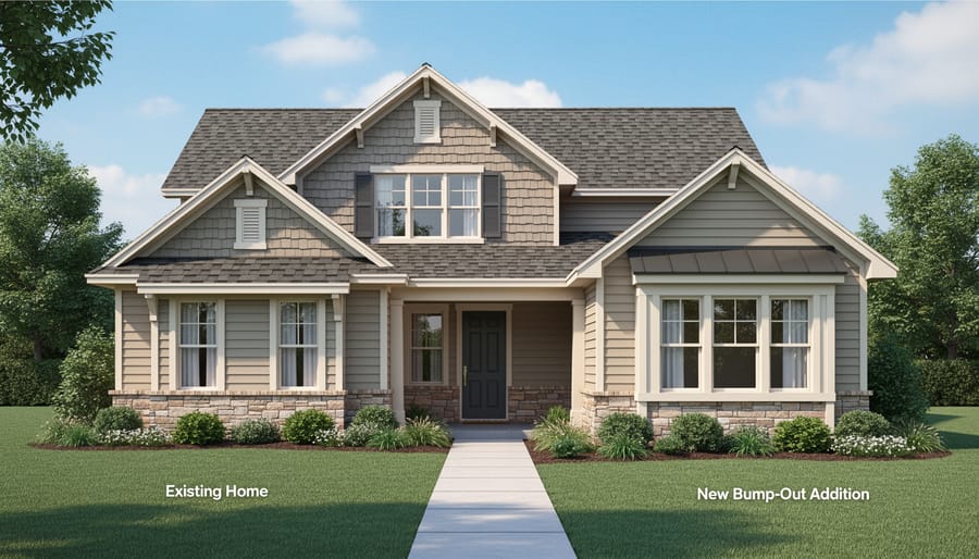 Front view of a single-family home with a noticeable bump-out addition and matching windows and siding