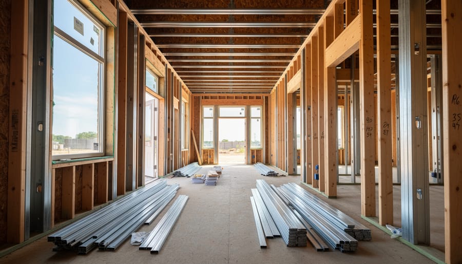 Interior of an unfinished home addition with exposed wood framing and window opening letting in daylight